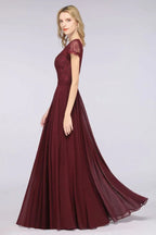 Vestido de Dama de Honra Elegante em Linha A com Decote em V, Mangas Curtas e Comprimento até ao Chão