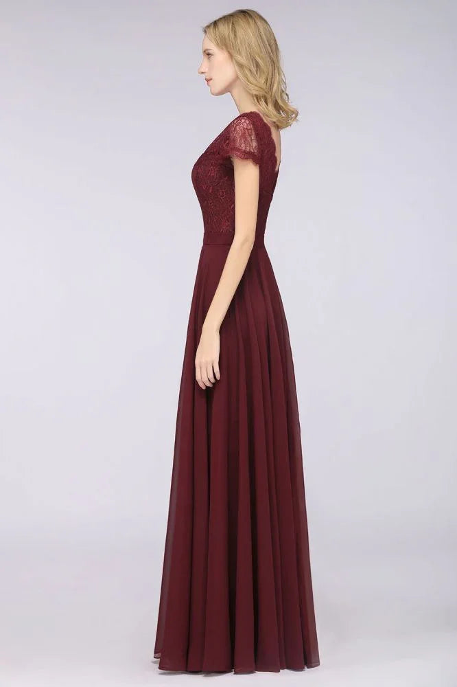 Vestido de Dama de Honra Elegante em Linha A com Decote em V, Mangas Curtas e Comprimento até ao Chão