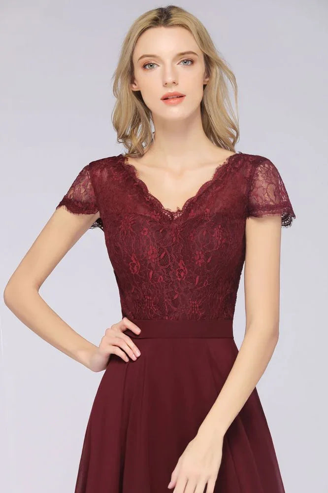 Vestido de Dama de Honra Elegante em Linha A com Decote em V, Mangas Curtas e Comprimento até ao Chão
