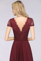 Vestido de Dama de Honra Elegante em Linha A com Decote em V, Mangas Curtas e Comprimento até ao Chão