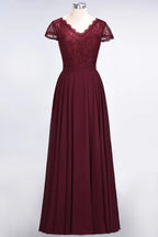 Vestido de Dama de Honra Elegante em Linha A com Decote em V, Mangas Curtas e Comprimento até ao Chão