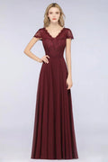 Vestido de Dama de Honra Elegante em Linha A com Decote em V, Mangas Curtas e Comprimento até ao Chão