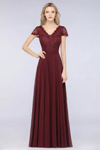 Vestido de Dama de Honra Elegante em Linha A com Decote em V, Mangas Curtas e Comprimento até ao Chão