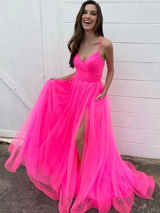 Elegante vestido de fiesta largo de tul con escote en V y abertura frontal con bolsillos