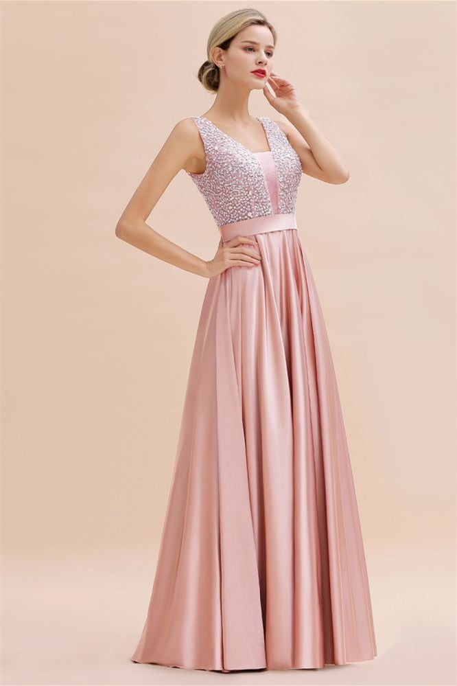 Elegante vestido de noche de satén sin espalda y largo hasta el suelo con escote en V.