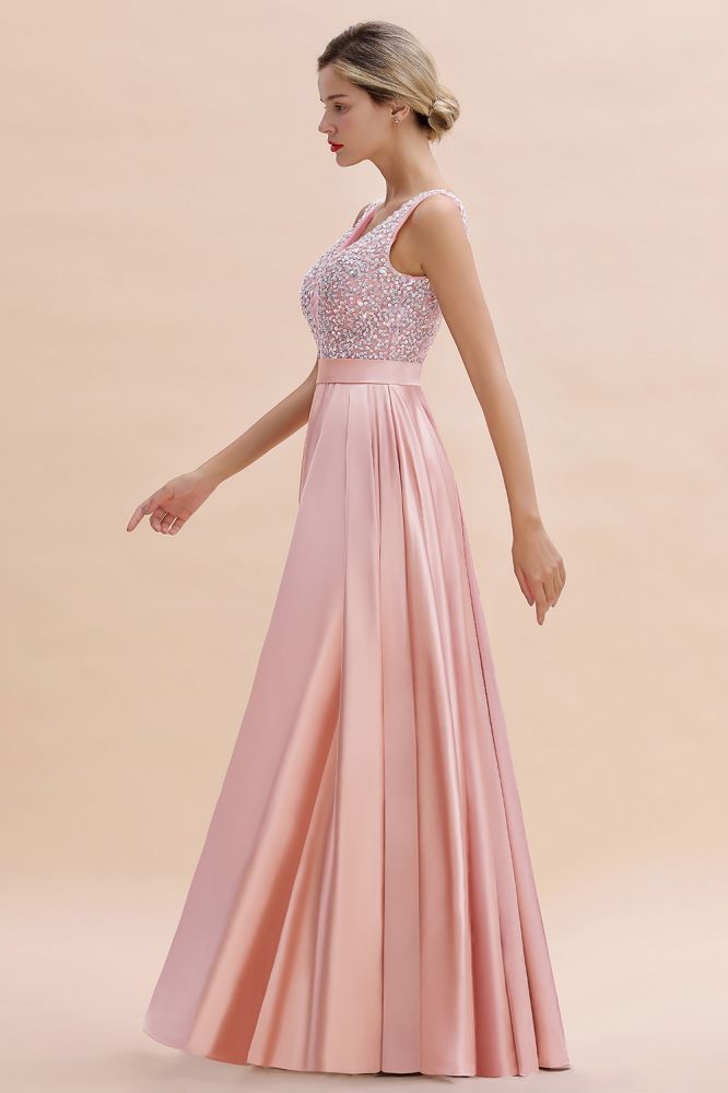 Elegante vestido de noche de satén sin espalda y largo hasta el suelo con escote en V.