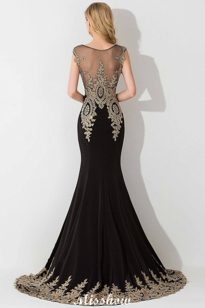 Elegante vestido de noche largo estilo sirena con apliques dorados y mangas cortas, vestido de fiesta sin mangas