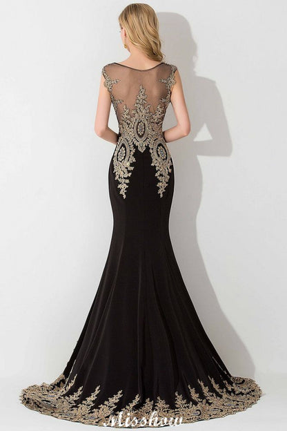 Elegante vestido de noche largo estilo sirena con apliques dorados y mangas cortas, vestido de fiesta sin mangas