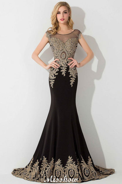 Elegante vestido de noche largo estilo sirena con apliques dorados y mangas cortas, vestido de fiesta sin mangas