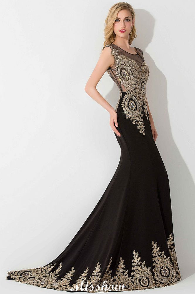 Elegante vestido de noche largo estilo sirena con apliques dorados y mangas cortas, vestido de fiesta sin mangas