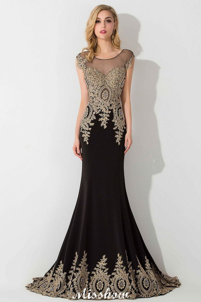 Robe longue de soirée sirène élégante à manches courtes avec appliques dorées, robe de fête sans manches