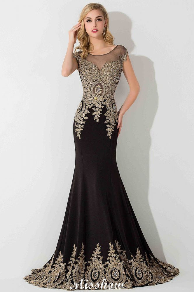 Elegante vestido de noche largo estilo sirena con apliques dorados y mangas cortas, vestido de fiesta sin mangas