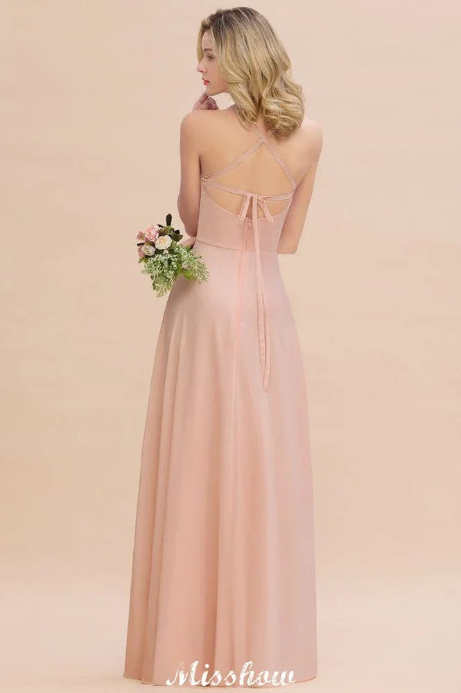 Vestido de Dama de Honra Elegante com Alças de Chiffon, Sem Mangas, Comprimento Até ao Chão, Corte em A e Folhos