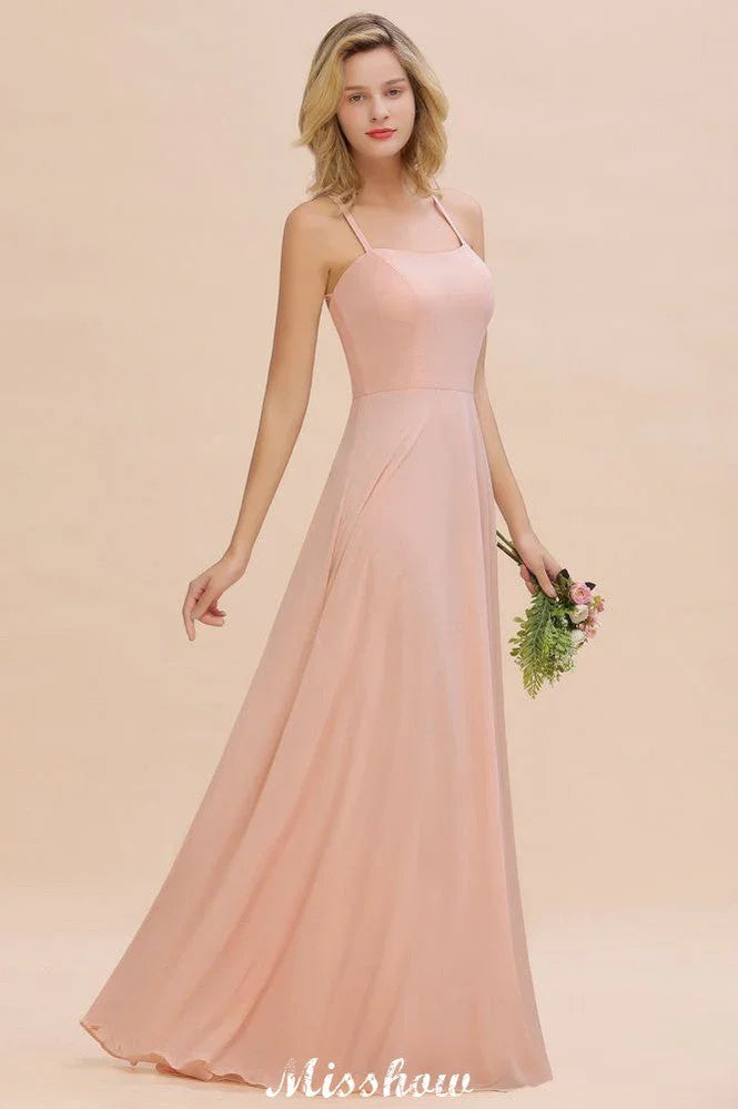 Vestido de Dama de Honra Elegante com Alças de Chiffon, Sem Mangas, Comprimento Até ao Chão, Corte em A e Folhos