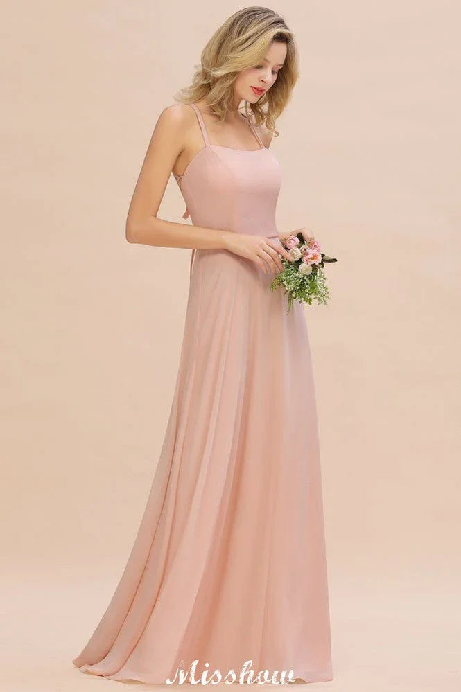 Vestido de Dama de Honra Elegante com Alças de Chiffon, Sem Mangas, Comprimento Até ao Chão, Corte em A e Folhos