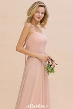 Vestido de Dama de Honra Elegante com Alças de Chiffon, Sem Mangas, Comprimento Até ao Chão, Corte em A e Folhos