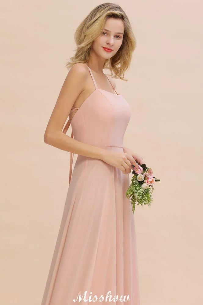 Vestido de Dama de Honra Elegante com Alças de Chiffon, Sem Mangas, Comprimento Até ao Chão, Corte em A e Folhos