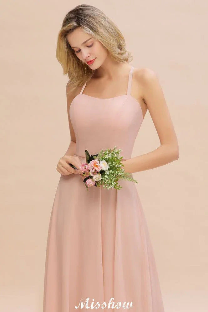 Vestido de Dama de Honra Elegante com Alças de Chiffon, Sem Mangas, Comprimento Até ao Chão, Corte em A e Folhos