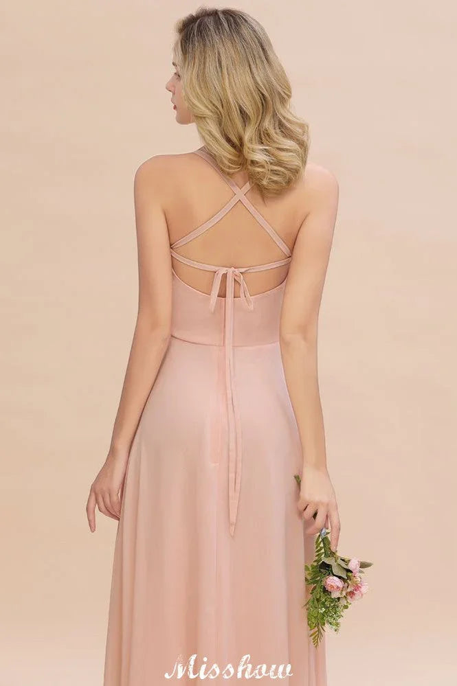 Vestido de Dama de Honra Elegante com Alças de Chiffon, Sem Mangas, Comprimento Até ao Chão, Corte em A e Folhos