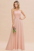 Vestido de Dama de Honra Elegante com Alças de Chiffon, Sem Mangas, Comprimento Até ao Chão, Corte em A e Folhos
