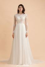 Stilvolles Rundhals-Spitzenapplikationen-Brautkleid Langarm-Chiffon-einfaches Brautkleid
