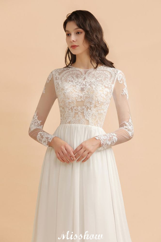 Stylish Crew Neck Lace Appliques Wedding Dress Long Sleeve Chiffon Simple Bridal Gown