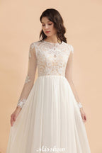 Stilvolles Rundhals-Spitzenapplikationen-Brautkleid Langarm-Chiffon-einfaches Brautkleid