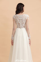 Stilvolles Rundhals-Spitzenapplikationen-Brautkleid Langarm-Chiffon-einfaches Brautkleid