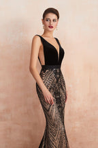 Elegante vestido de fiesta de sirena con escote en V profundo y cuentas negras, sin mangas, ajustado, para noche
