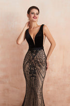 Elegante vestido de fiesta de sirena con escote en V profundo y cuentas negras, sin mangas, ajustado, para noche