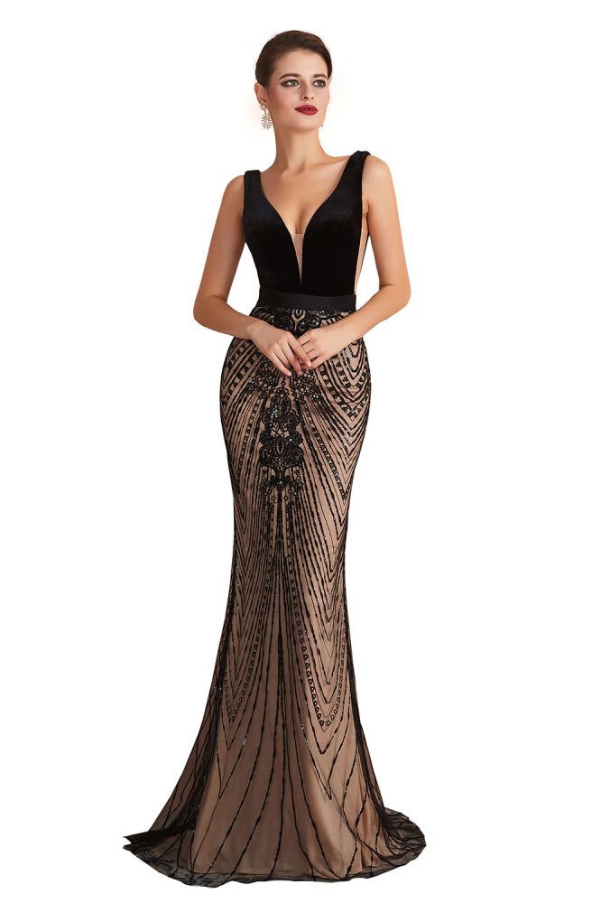 Elegante vestido de fiesta de sirena con escote en V profundo y cuentas negras, sin mangas, ajustado, para noche