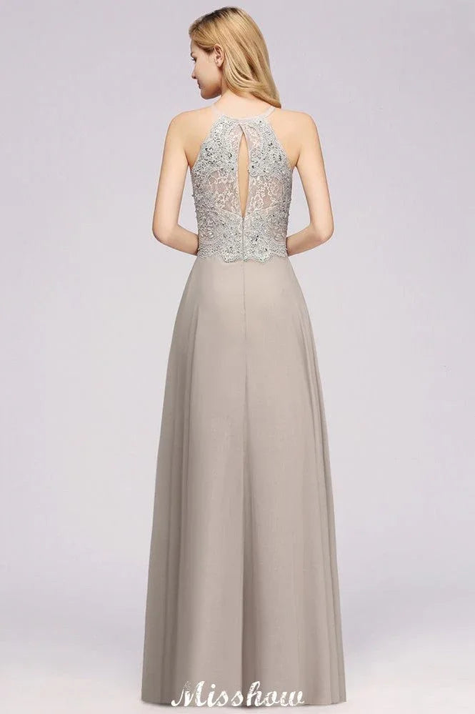 Robe de soirée sans manches élégante avec appliques florales, ligne A, en mousseline argentée, longue robe de demoiselle d'honneur