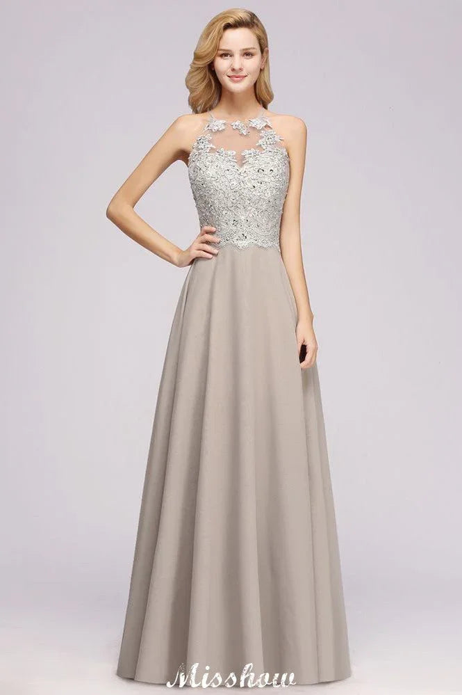 Robe de soirée sans manches élégante avec appliques florales, ligne A, en mousseline argentée, longue robe de demoiselle d'honneur