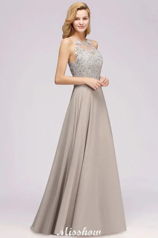 Robe de soirée sans manches élégante avec appliques florales, ligne A, en mousseline argentée, longue robe de demoiselle d'honneur