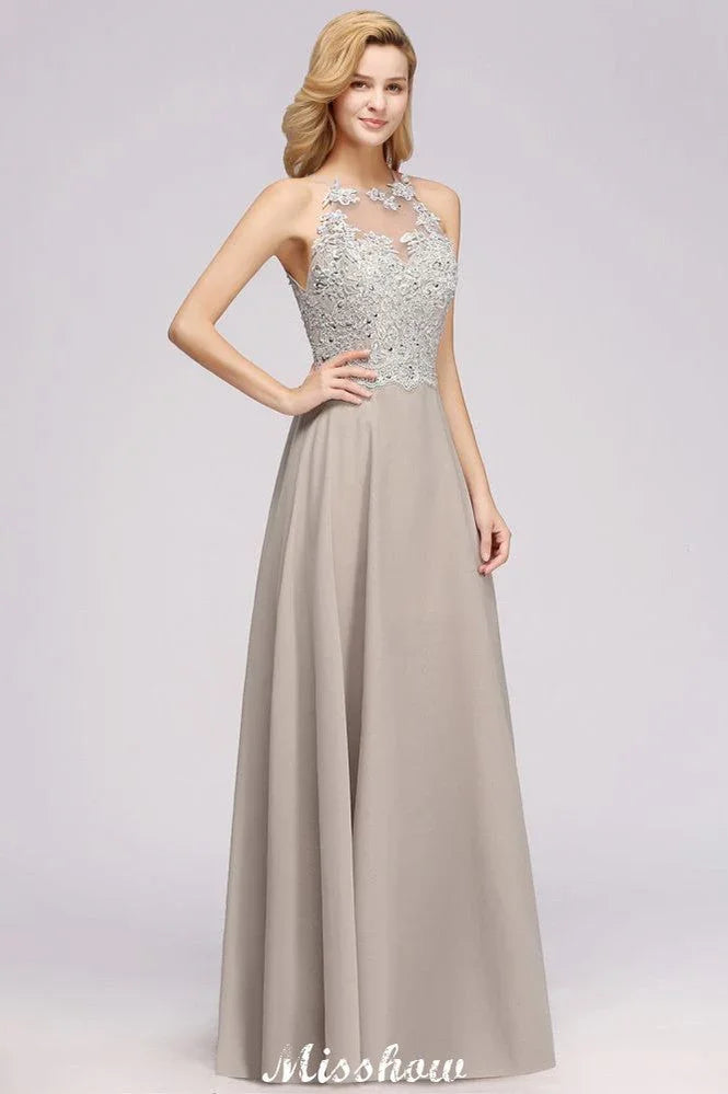 Robe de soirée sans manches élégante avec appliques florales, ligne A, en mousseline argentée, longue robe de demoiselle d'honneur