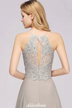 Robe de soirée sans manches élégante avec appliques florales, ligne A, en mousseline argentée, longue robe de demoiselle d'honneur