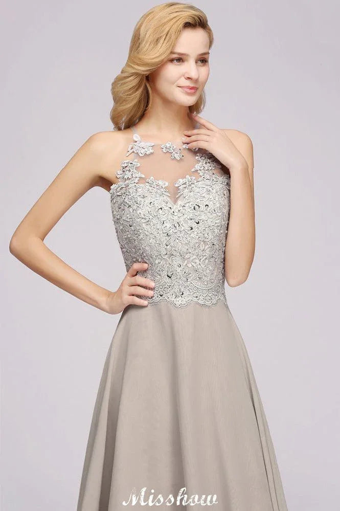 Robe de soirée sans manches élégante avec appliques florales, ligne A, en mousseline argentée, longue robe de demoiselle d'honneur