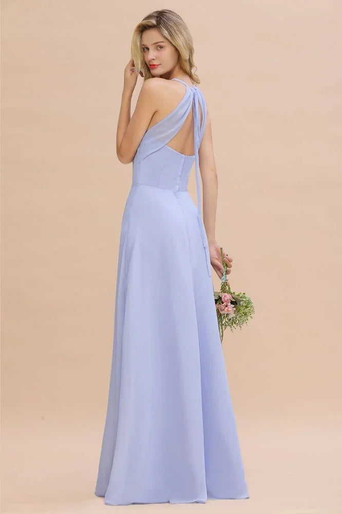 Vestido elegante de dama de honor sin mangas, con escote en V halter, largo hasta el suelo y corte en línea A
