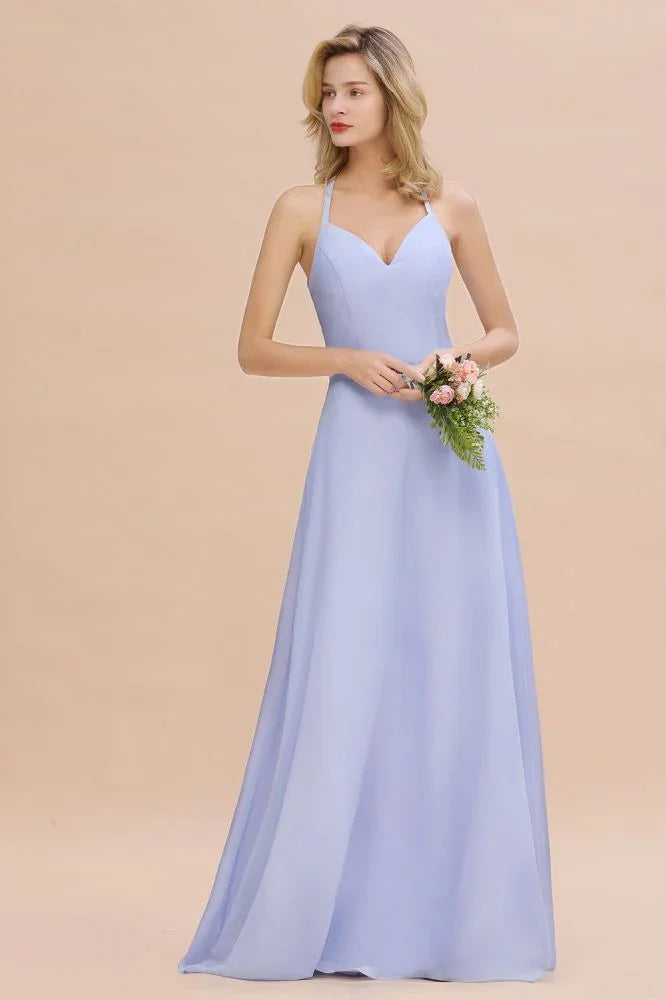 Vestido elegante de dama de honor sin mangas, con escote en V halter, largo hasta el suelo y corte en línea A