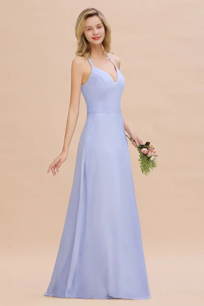 Vestido elegante de dama de honor sin mangas, con escote en V halter, largo hasta el suelo y corte en línea A