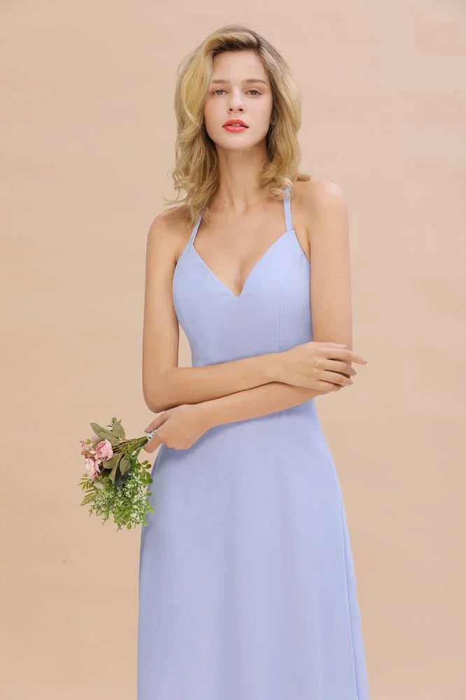 Vestido elegante de dama de honor sin mangas, con escote en V halter, largo hasta el suelo y corte en línea A