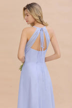 Vestido elegante de dama de honor sin mangas, con escote en V halter, largo hasta el suelo y corte en línea A