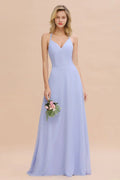 Vestido elegante de dama de honor sin mangas, con escote en V halter, largo hasta el suelo y corte en línea A