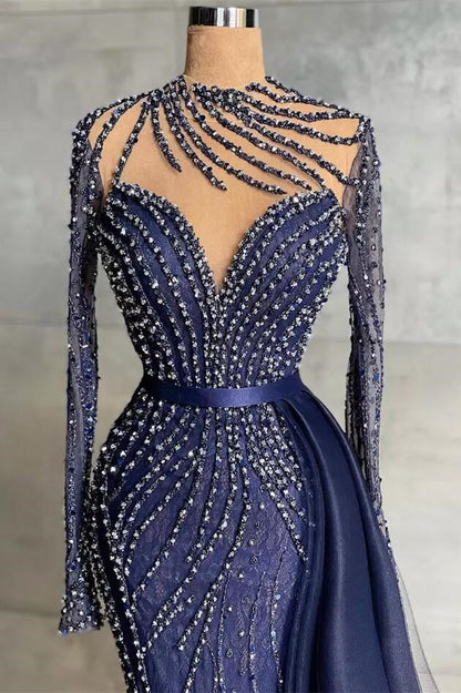 Stylish High Neck Navy Mermaid Evening Dress with Detachable Tulle Train Crystals Beads Long Prom Dress