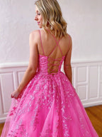 Stylish Long A-line Strapless Spaghetti Straps Tulle Lace Backless Formal Graduation Prom Dresses