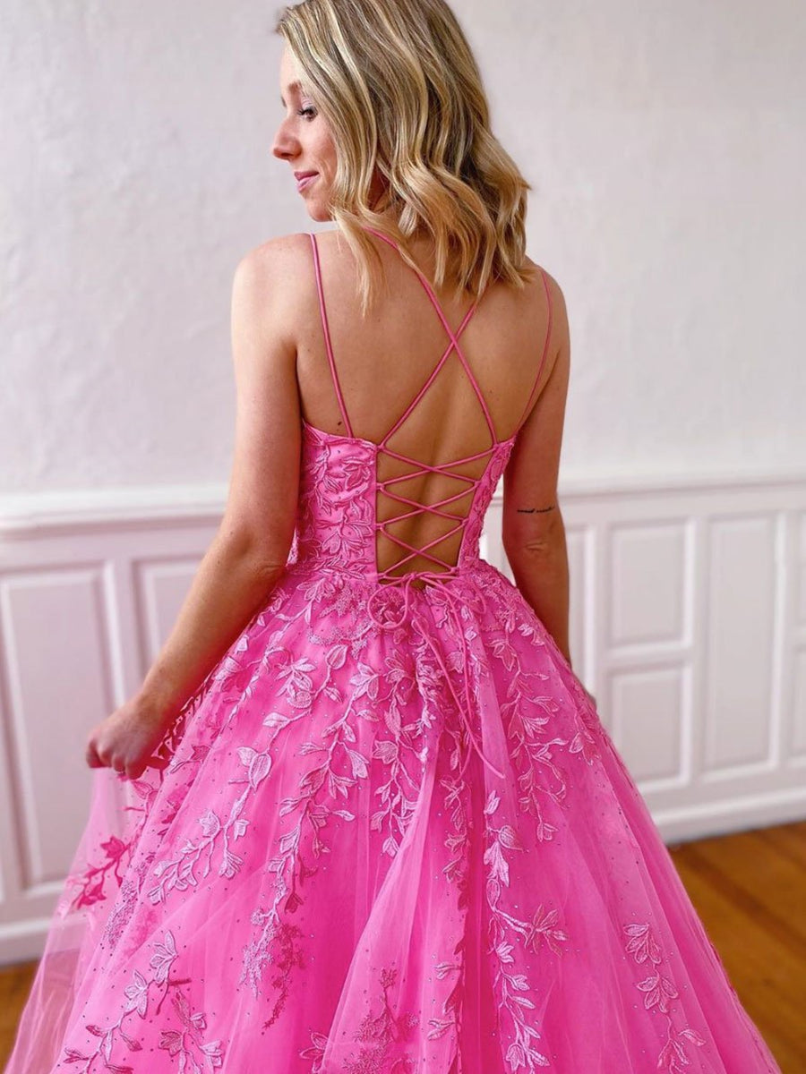 Stylish Long A-line Strapless Spaghetti Straps Tulle Lace Backless Formal Graduation Prom Dresses