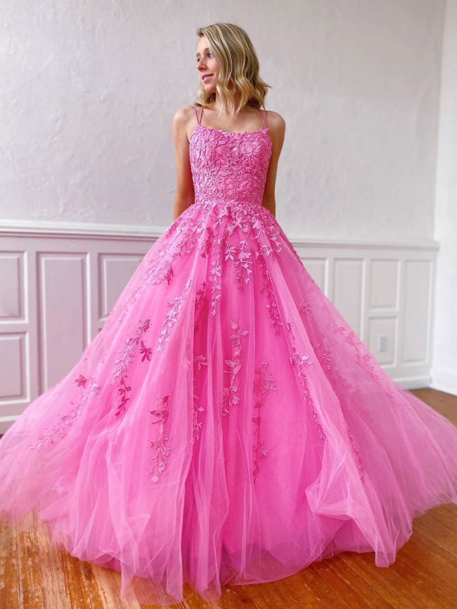 Stylish Long A-line Strapless Spaghetti Straps Tulle Lace Backless Formal Graduation Prom Dresses