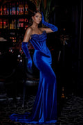 Vestido de Baile Comprido Estilo Sereia em Veludo Azul Real Sem Alças com Bordados Elegantes