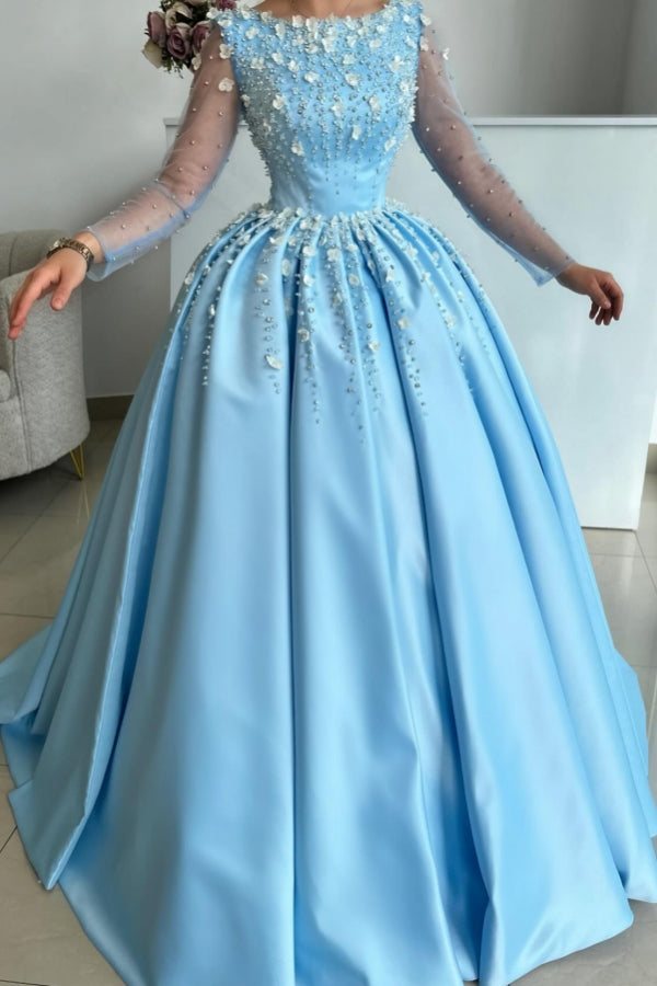 Elegante abito lungo a linea ad A color azzurro cielo in raso con strass e maniche lunghe