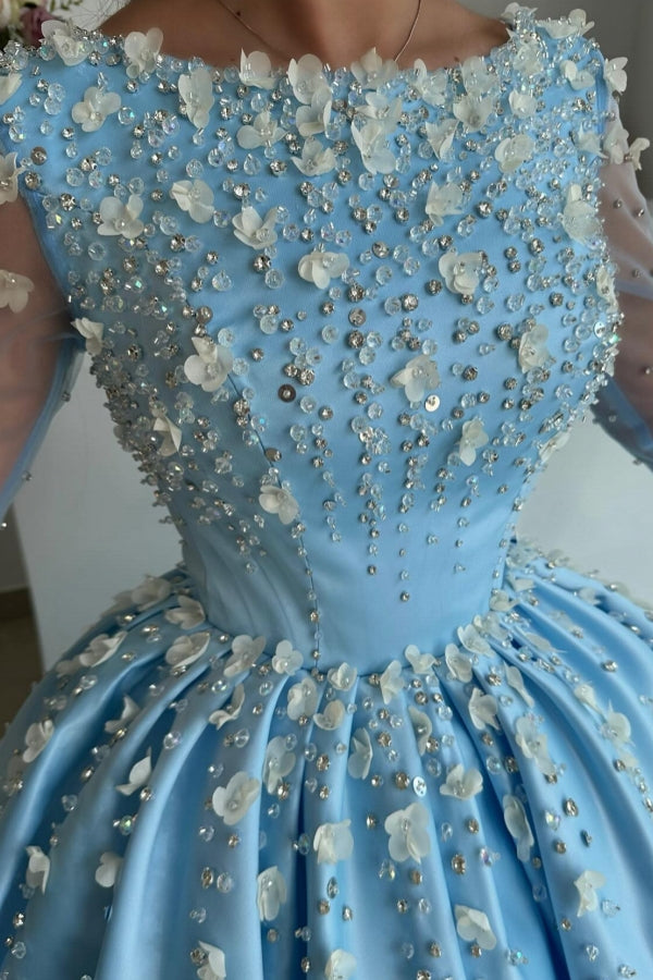 Elegante abito lungo a linea ad A color azzurro cielo in raso con strass e maniche lunghe